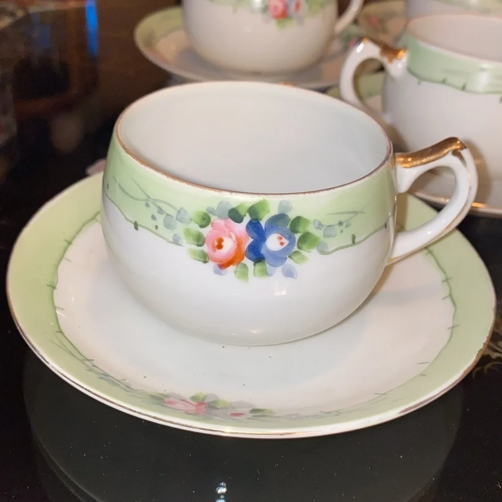 Vintage Nippon Japan Floral Tea Cups and Saucers set of 6